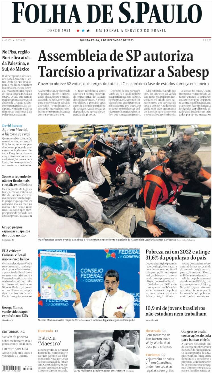 Portada de Folha de São Paulo (Brasil)