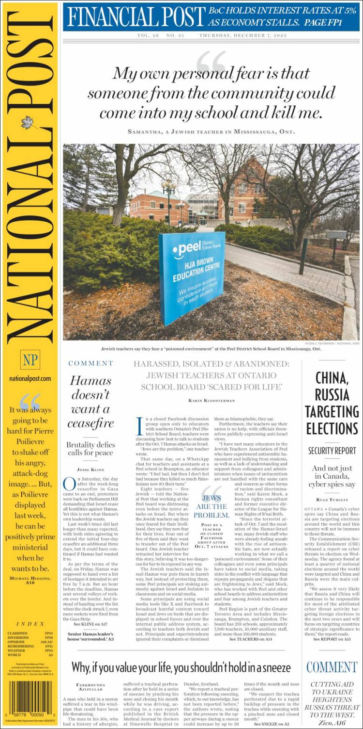 Portada de The National Post (Canadá)