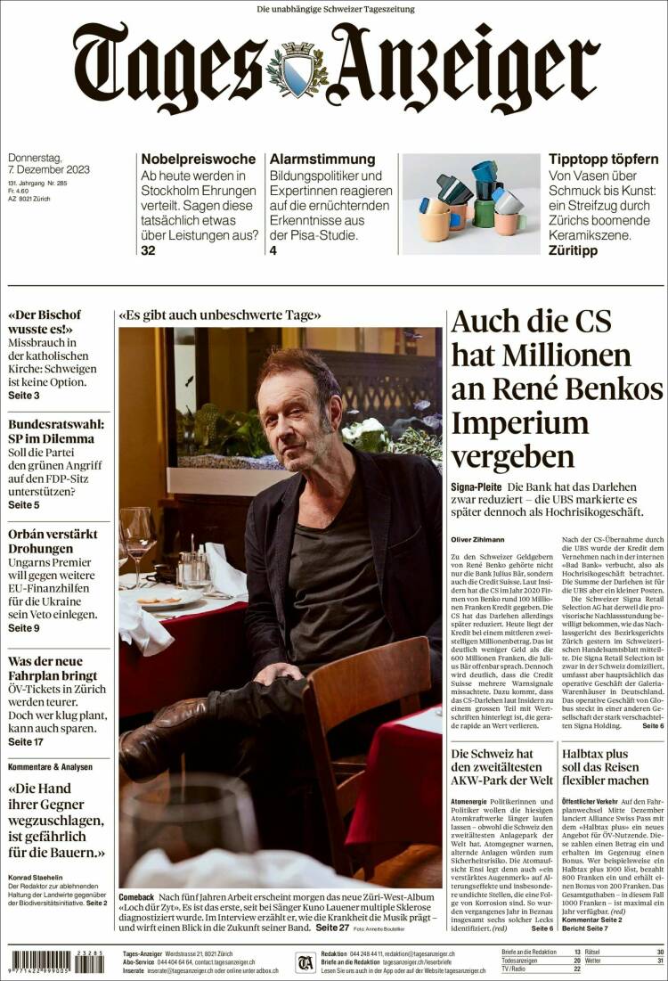 Portada de Tages-Anzeiger (Suiza)