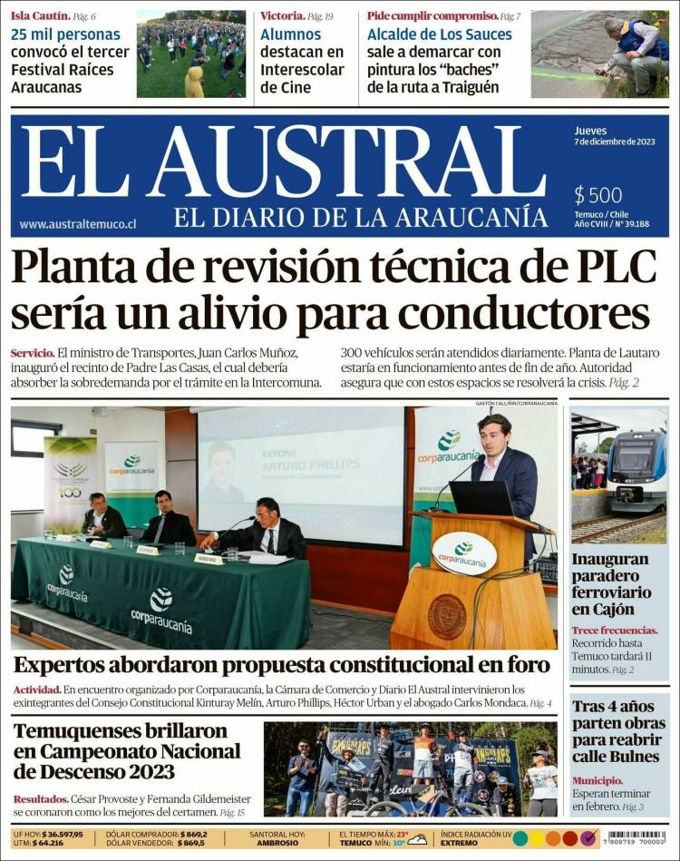 Portada de El Austral de Temuco (Chili)