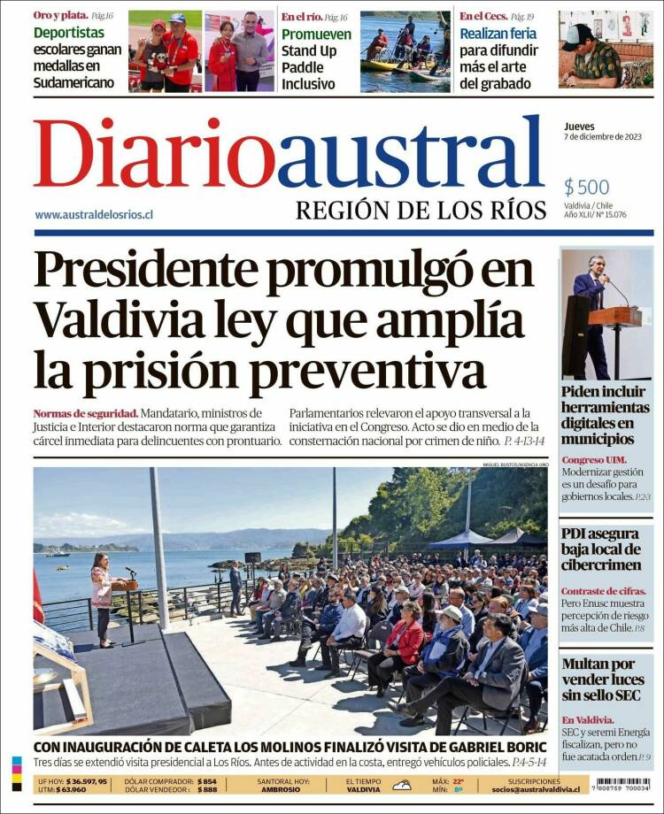 Portada de El Diario Austral de Valdivia (Chile)