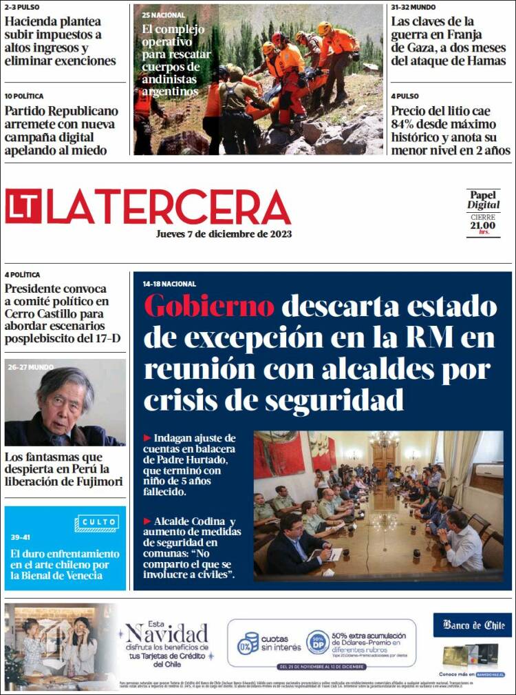 Portada de La Tercera (Chili)
