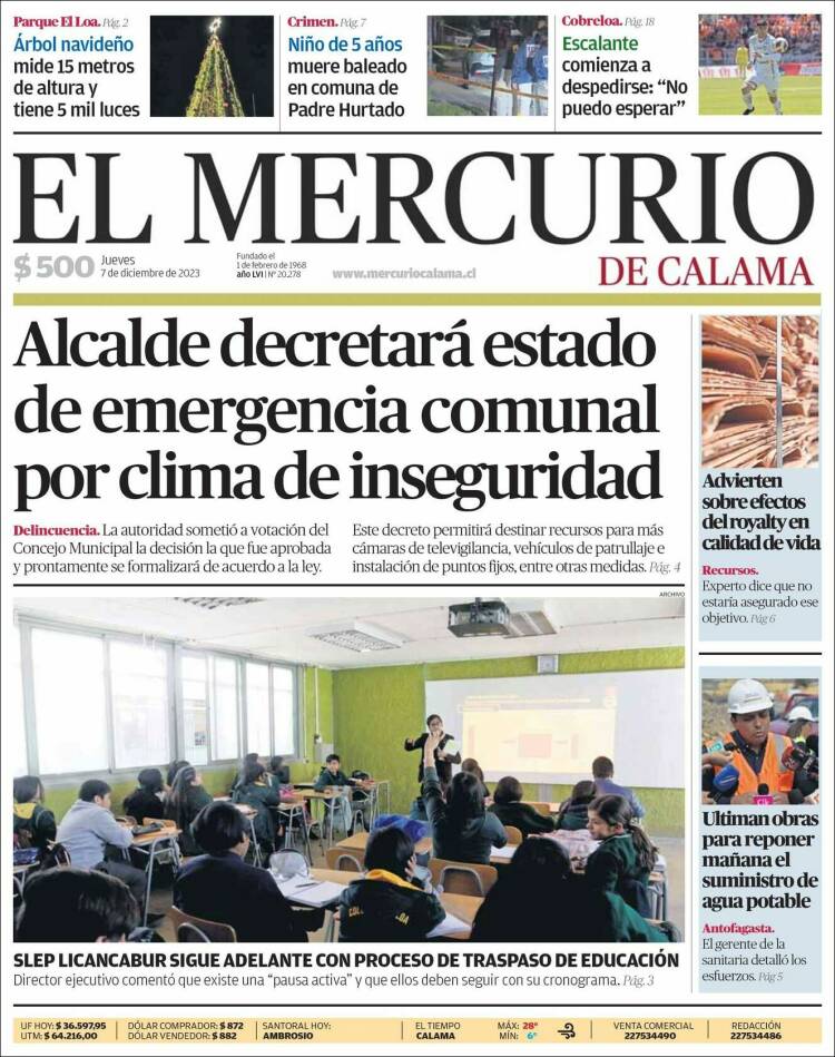 Portada de El Mercurio - Calama (Chile)