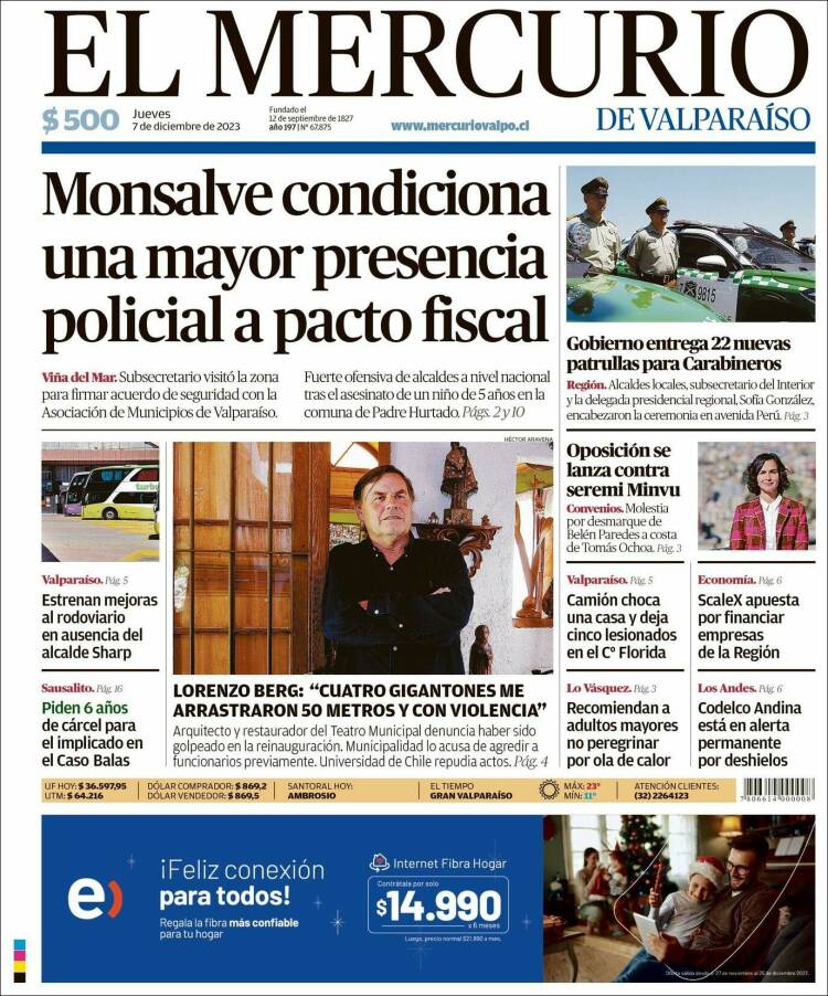 Portada de Mercurio de Valparaiso (Chile)