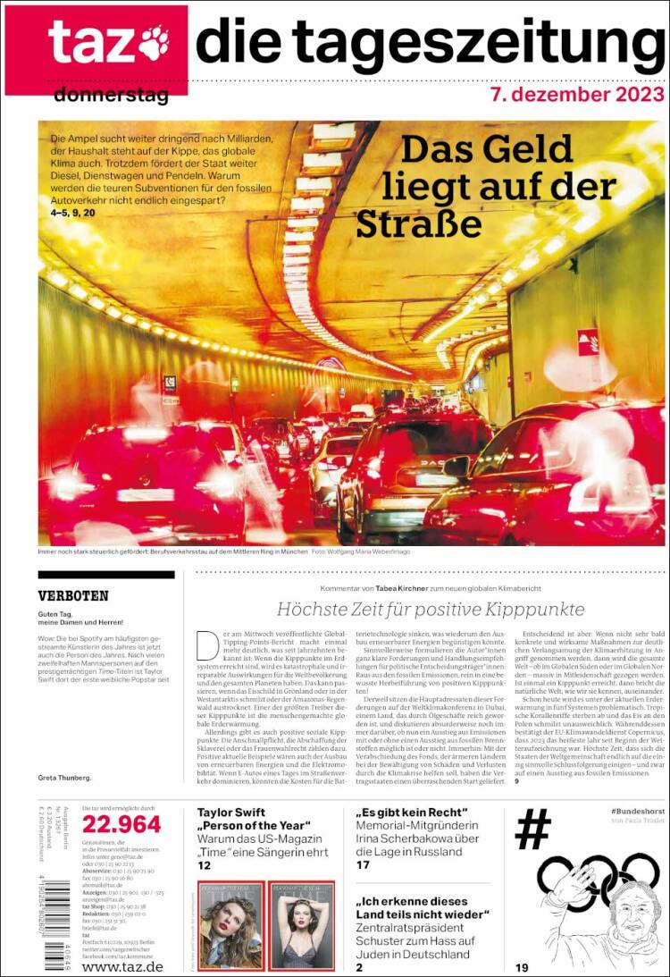 Portada de Die Tageszeitung (Alemania)