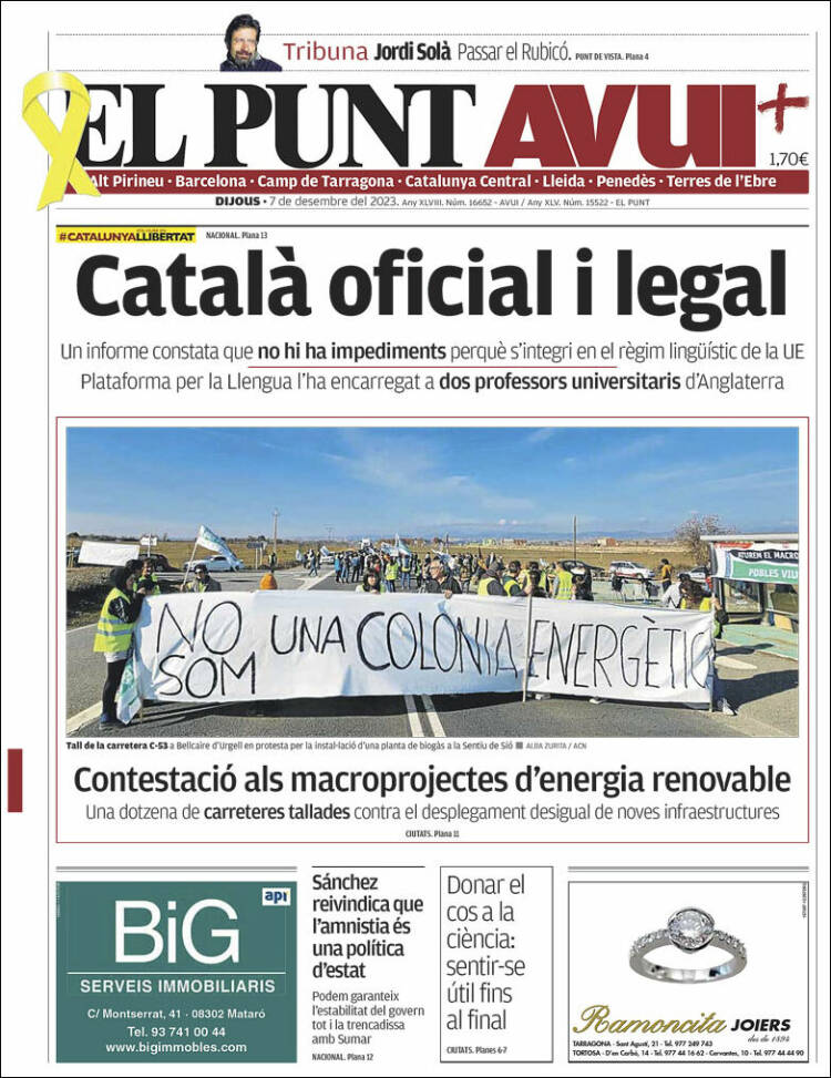 Portada de El Punt Avui (España)