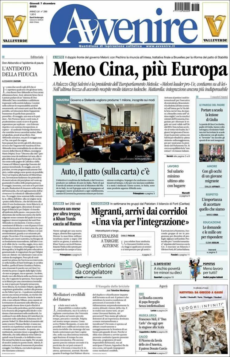 Portada de Avvenire (Italia)