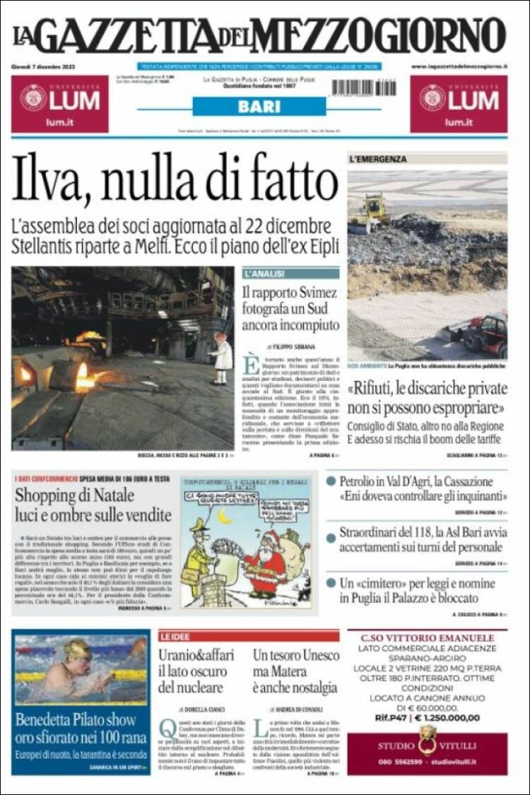 Portada de La Gazzetta del Mezzogiorno (Italia)