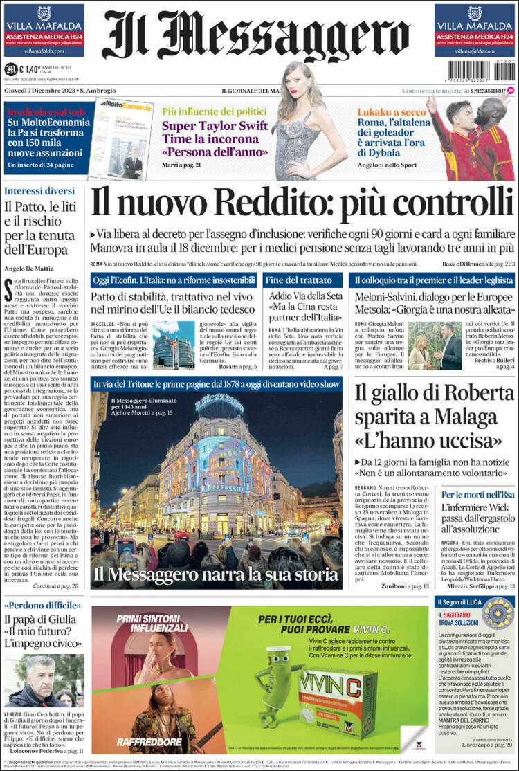 Portada de Il Messaggero (Italia)