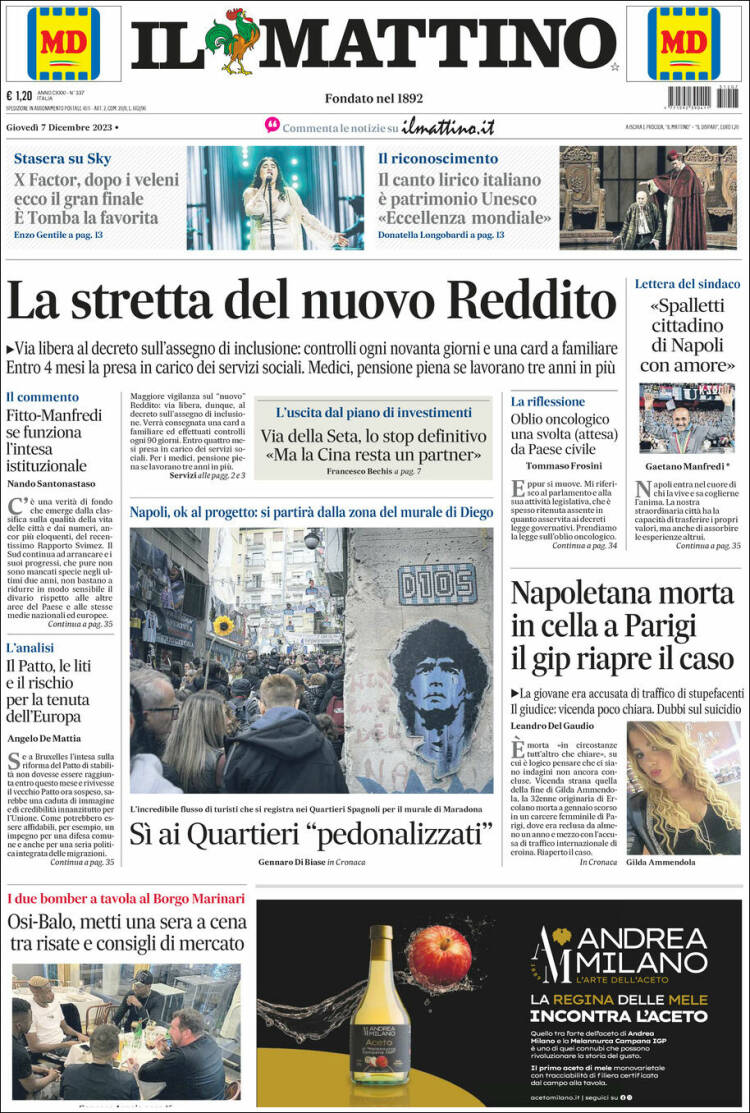 Portada de Il Mattino (Italia)