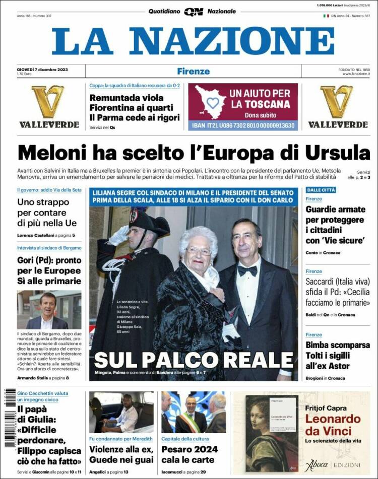 Portada de La Nazione (Italia)