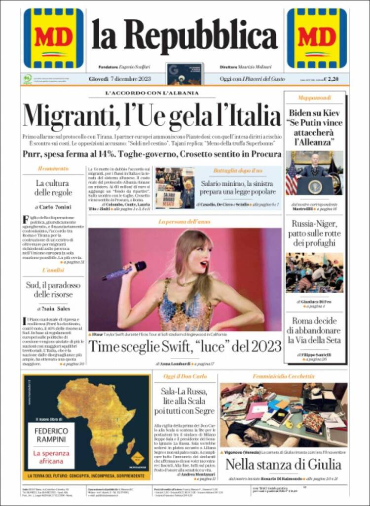 Portada de La Repubblica (Italia)