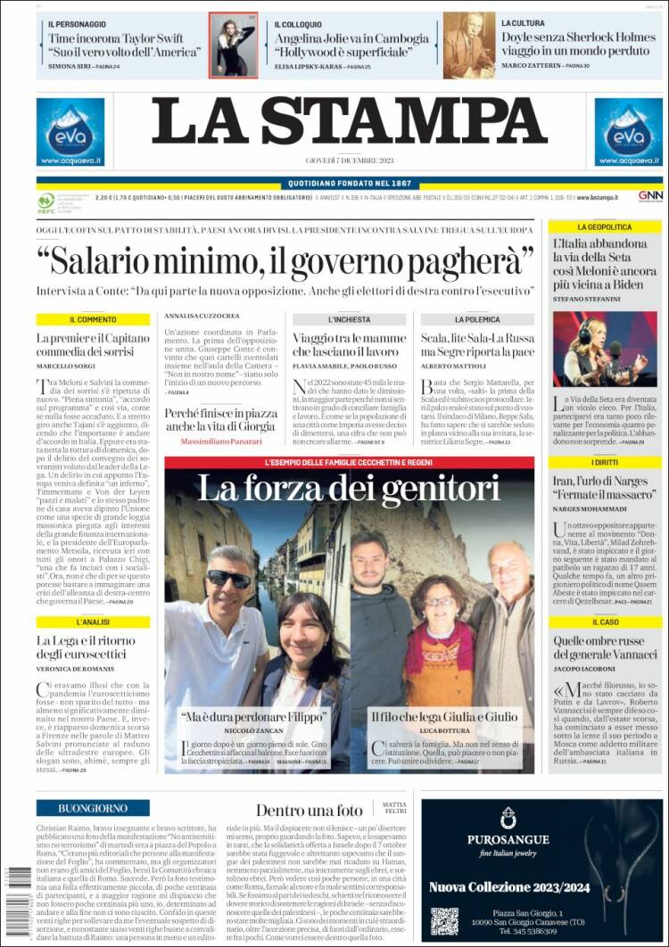 Portada de La Stampa (Italia)