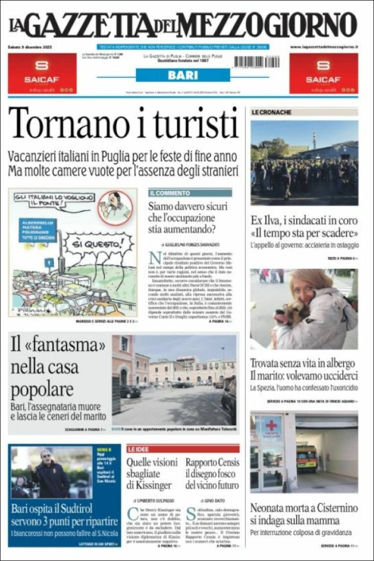 Portada de La Gazzetta del Mezzogiorno (Italia)