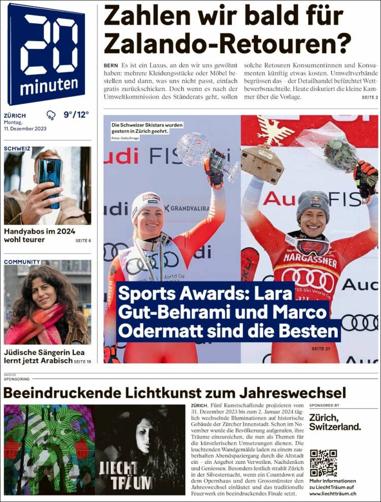 Portada de 20Minuten - Zürich (Suiza)