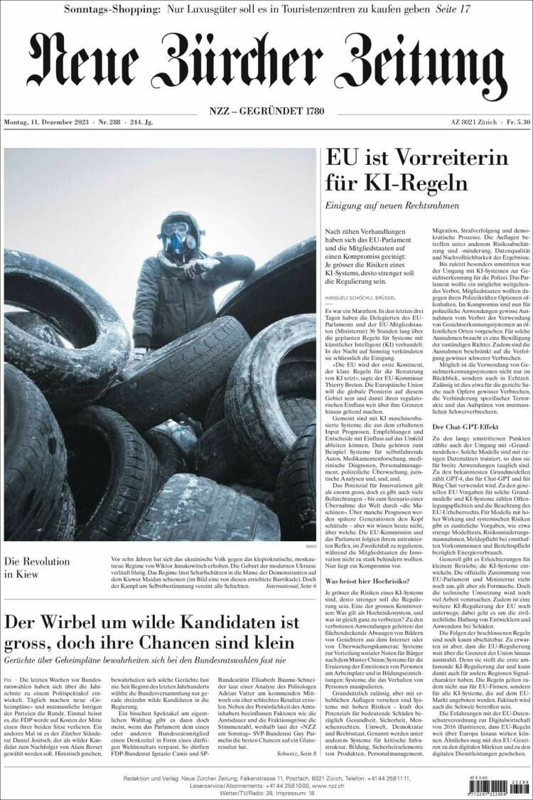 Portada de Neue Zürcher Zeitung (Suiza)