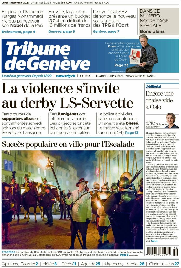 Portada de La Tribune de Genève (Suiza)