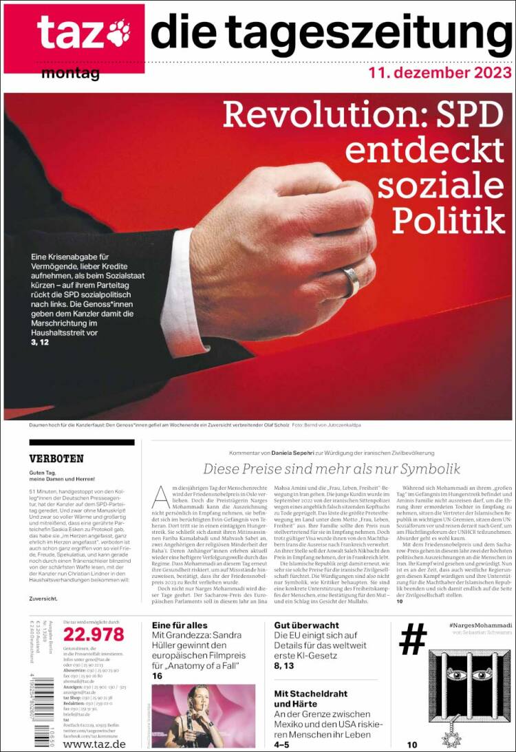 Portada de Die Tageszeitung (Alemania)