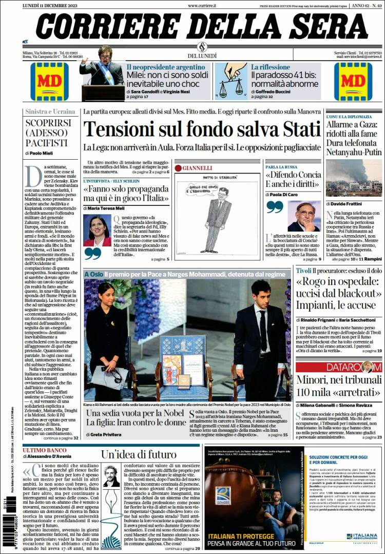 Portada de Corriere della Sera (Italia)