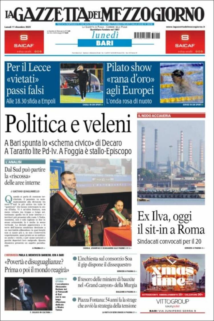 Portada de La Gazzetta del Mezzogiorno (Italia)