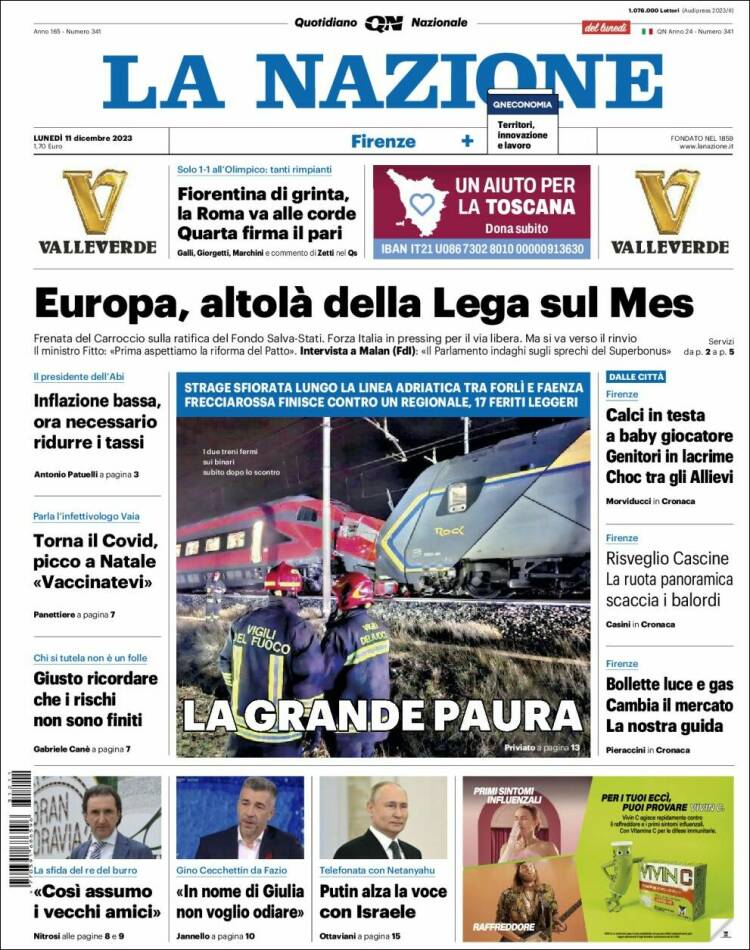 Portada de La Nazione (Italia)