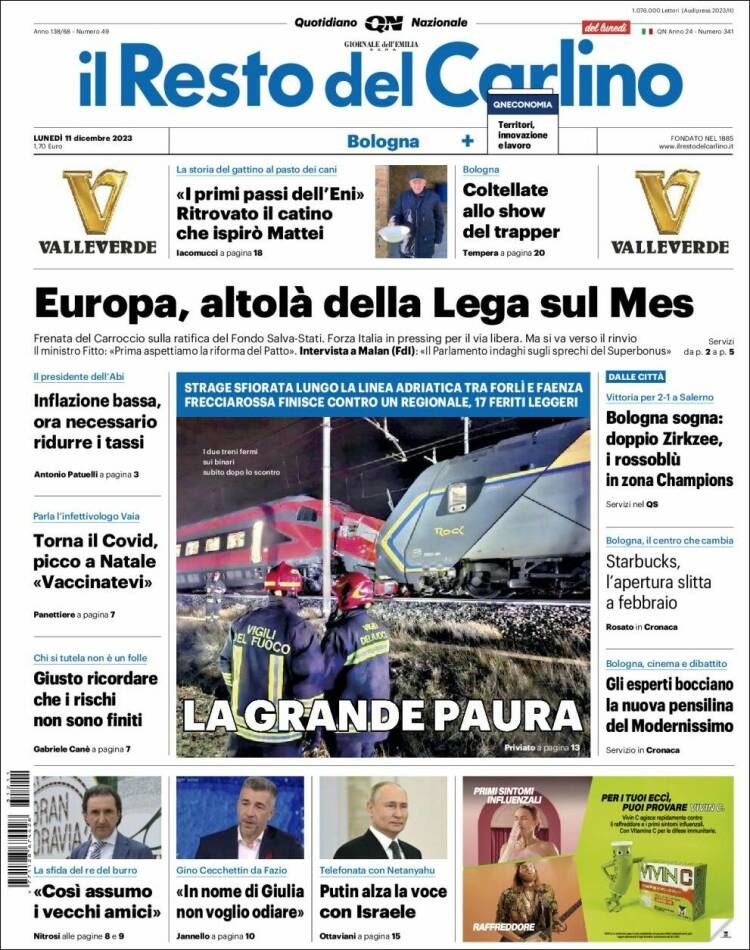 Portada de Il Resto del Carlino (Italia)