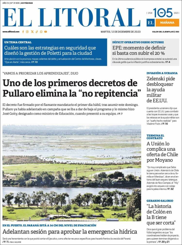 Portada de Diario El Litoral (Argentina)