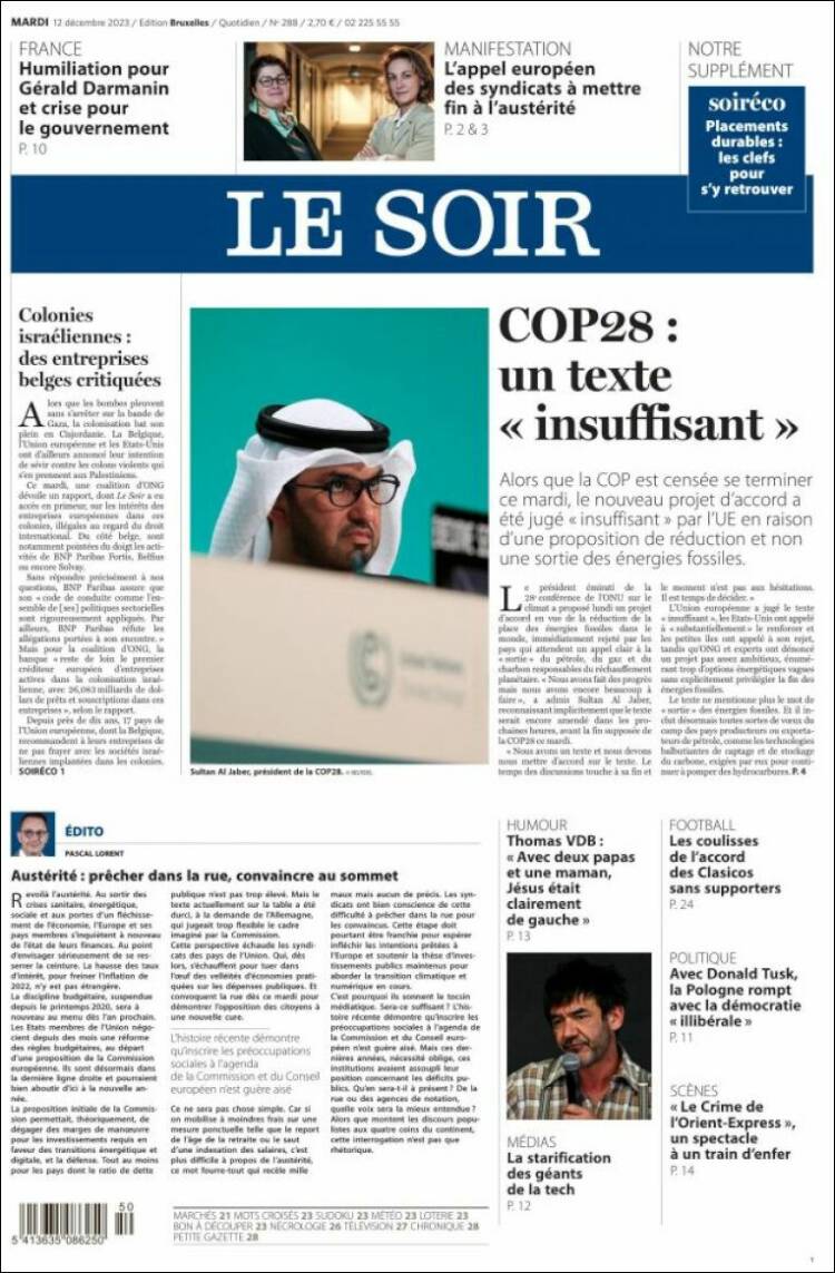 Portada de Le Soir (B&eacute;lgica)