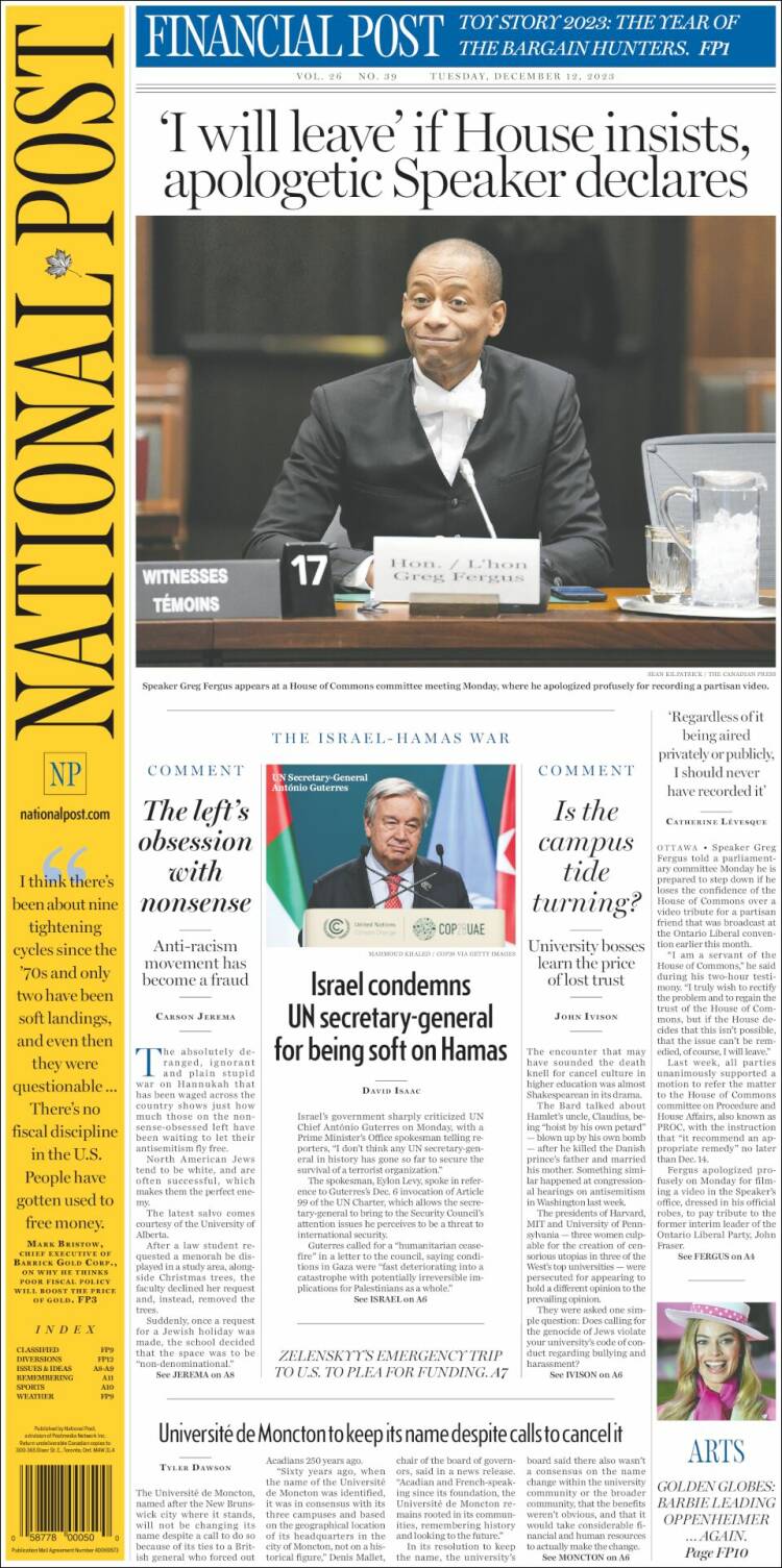 Portada de The National Post (Canadá)