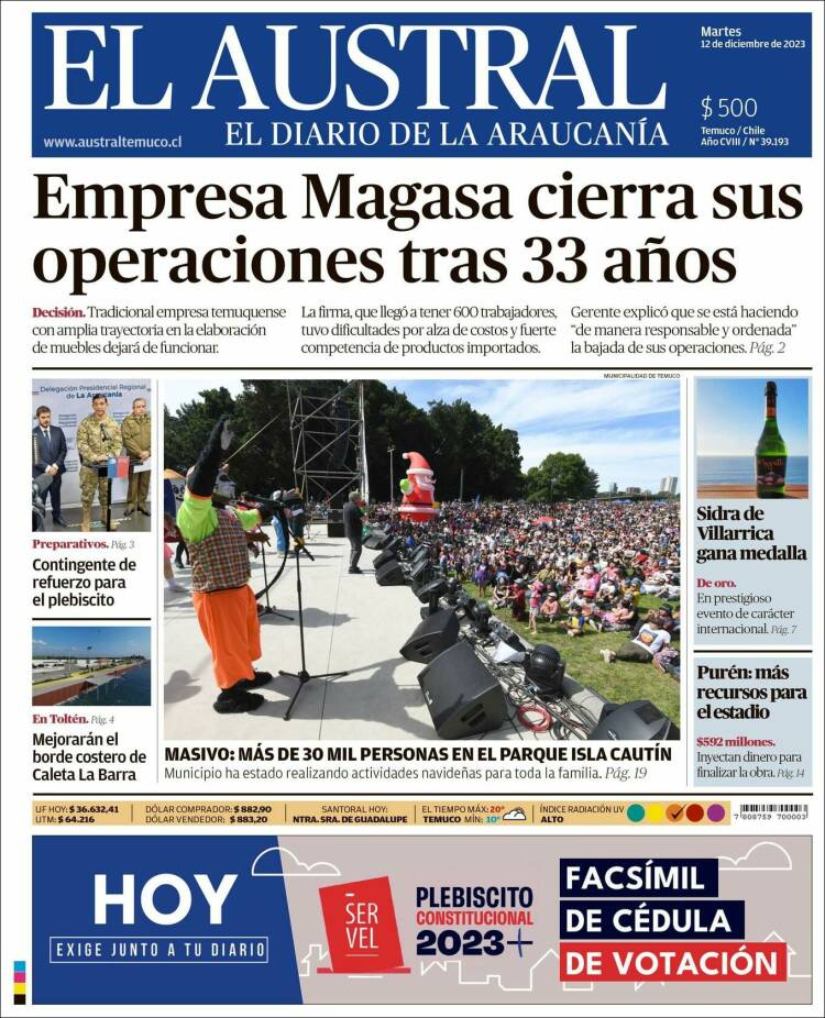 Portada de El Austral de Temuco (Chile)