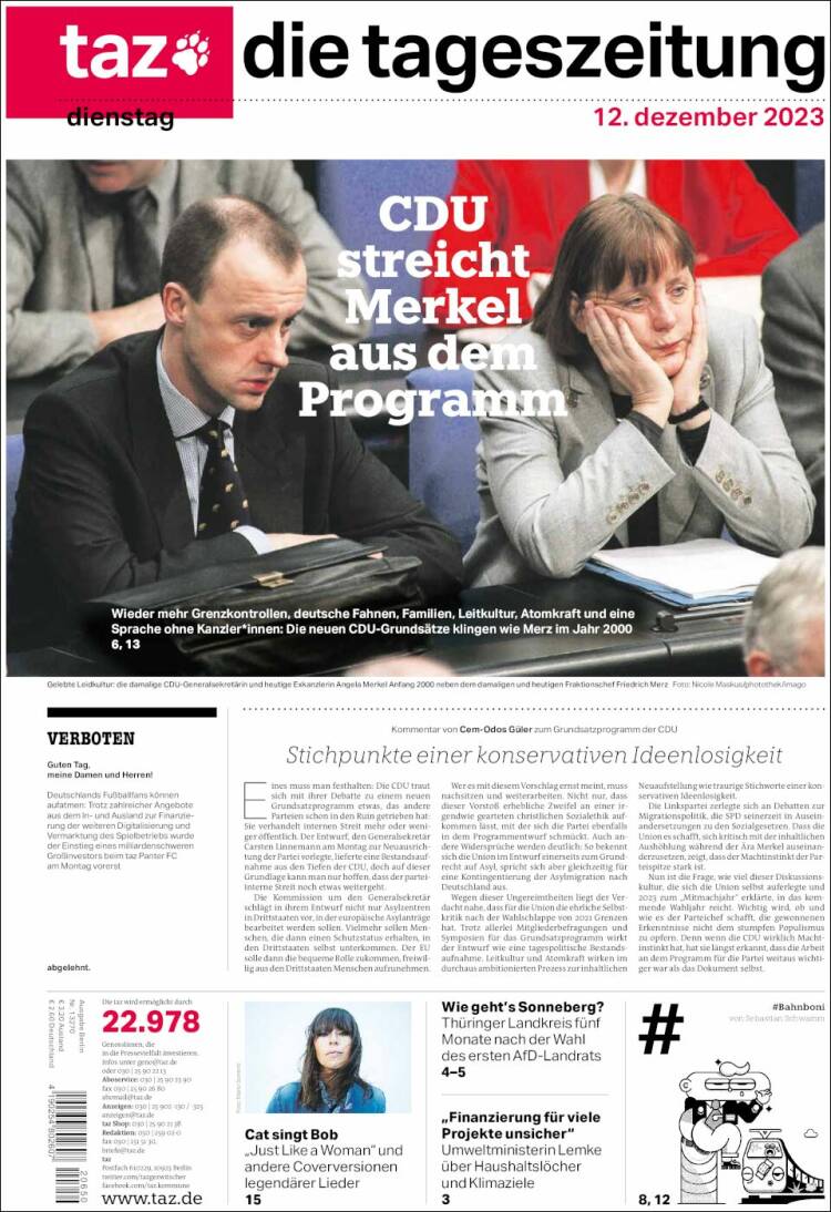 Portada de Die Tageszeitung (Alemania)