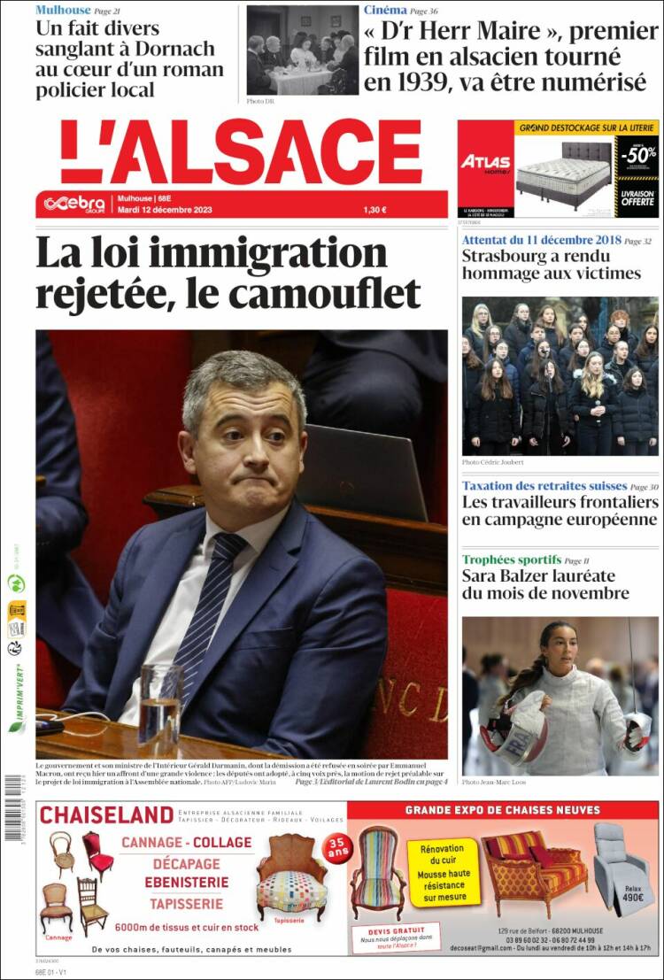 Portada de Journal L'Alsace (Francia)