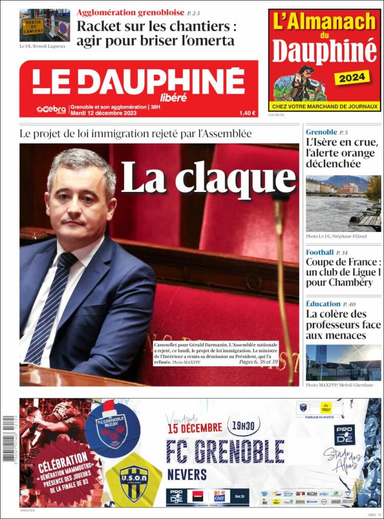 Portada de Le Dauphiné Libéré (Francia)