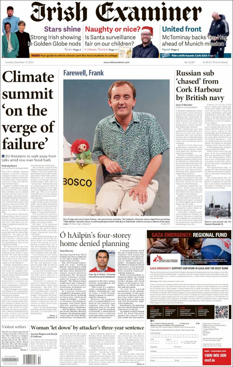 Portada de Irish Examiner (Irlanda)