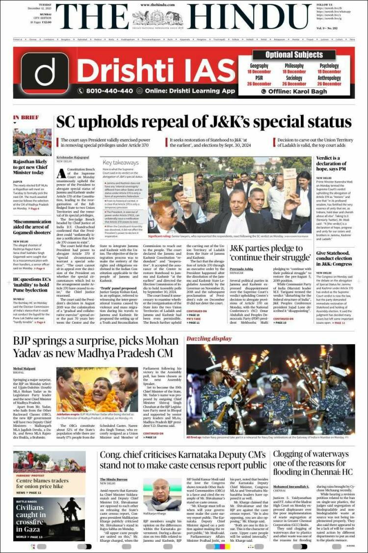Portada de The Hindu (India)