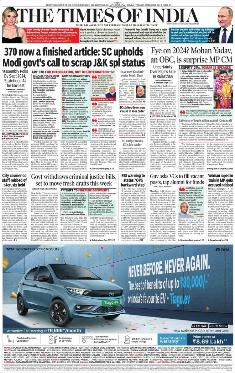 Portada de The Times of India (India)