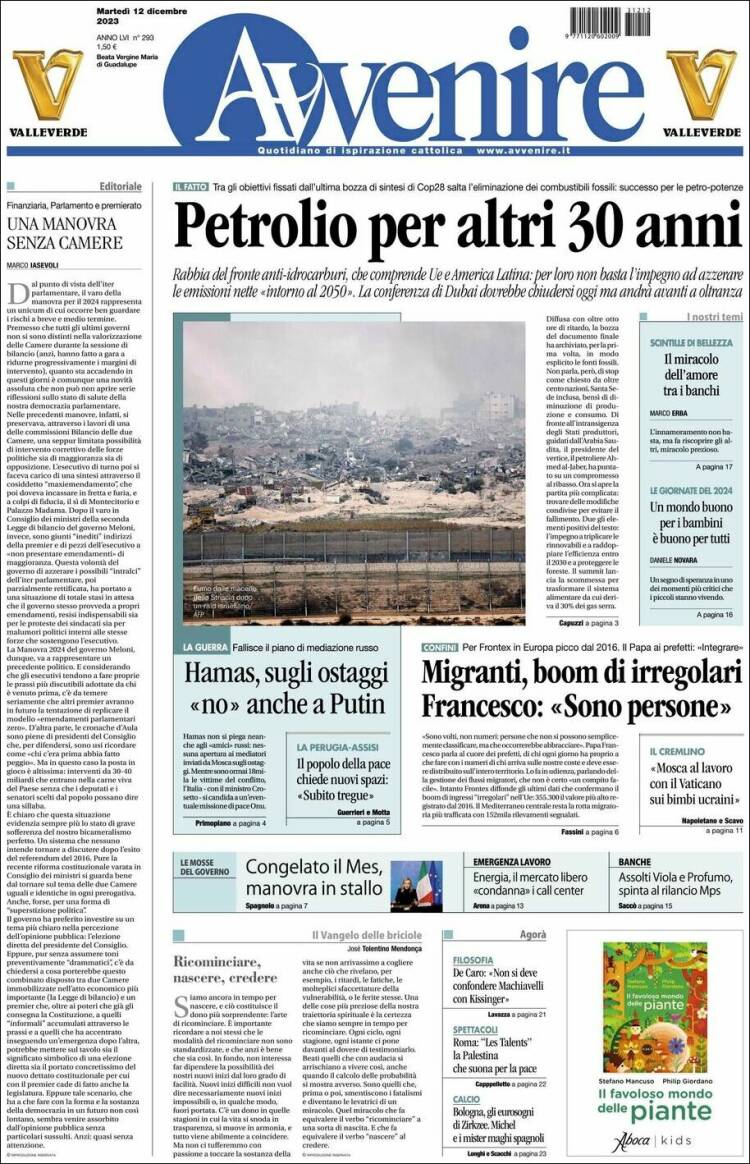 Portada de Avvenire (Italia)
