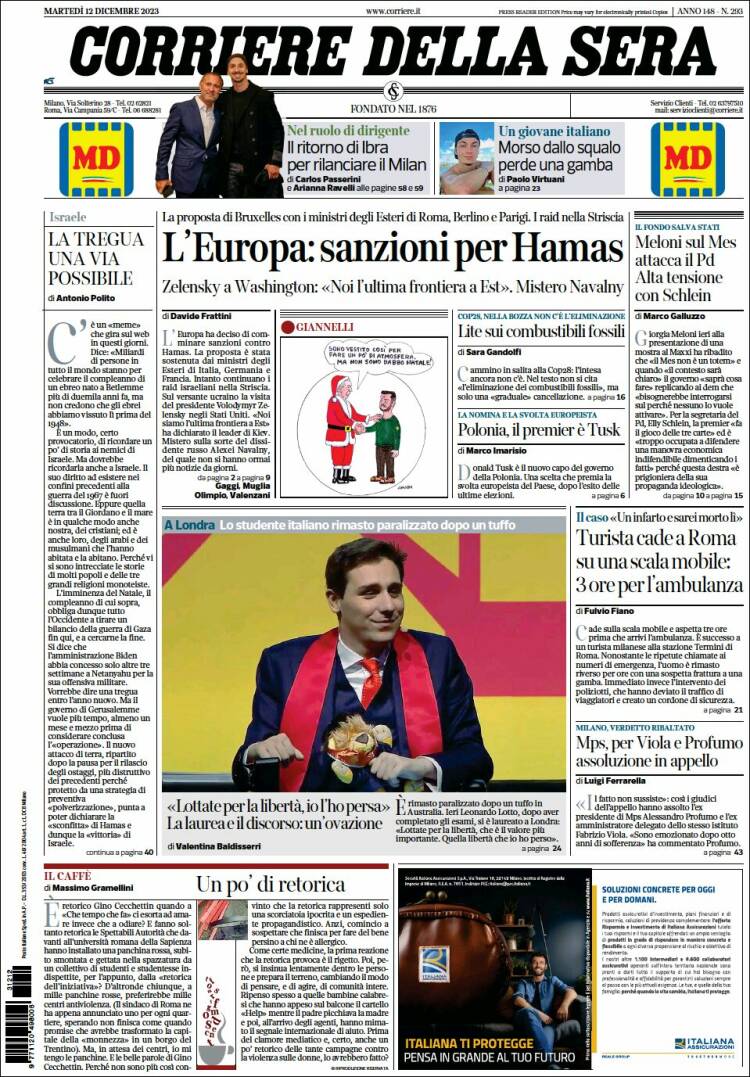 Portada de Corriere della Sera (Italia)