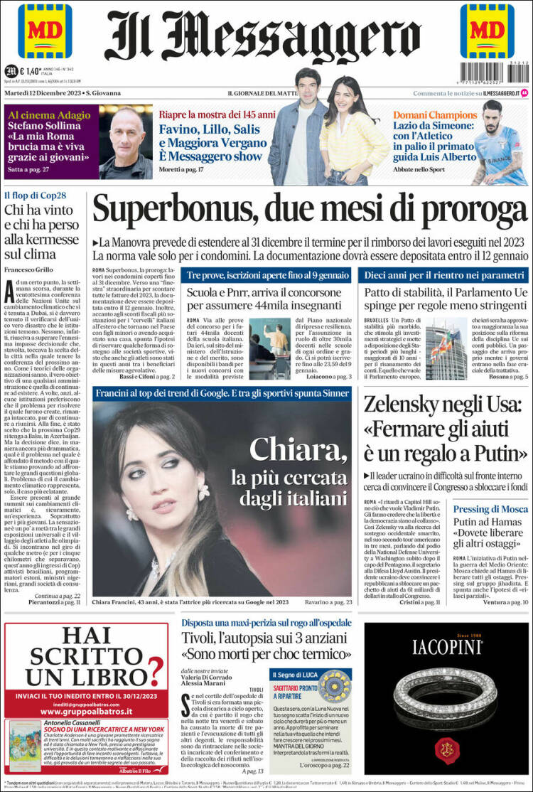 Portada de Il Messaggero (Italia)