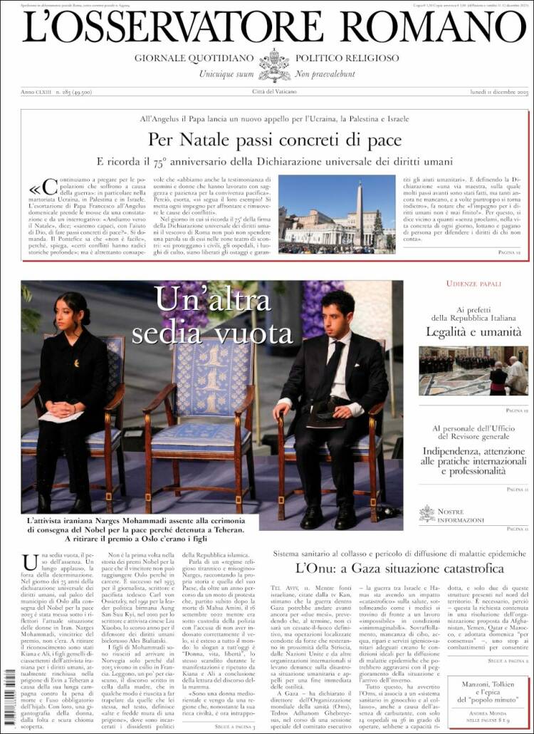 Portada de L'Osservatore Romano (Italia)