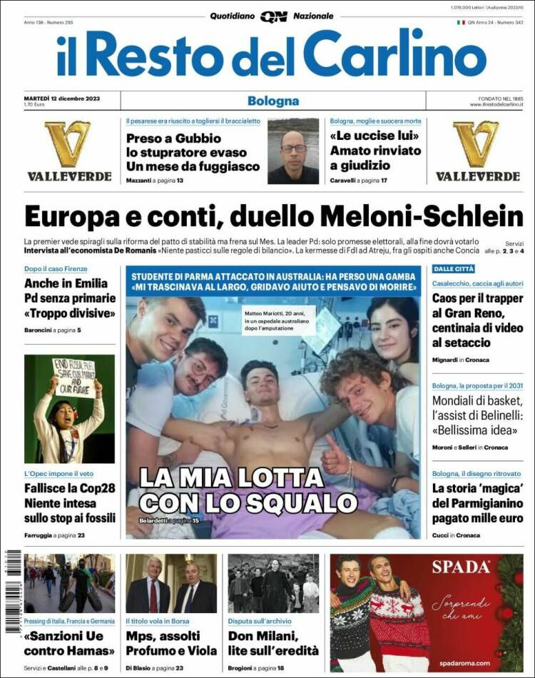 Portada de Il Resto del Carlino (Italia)