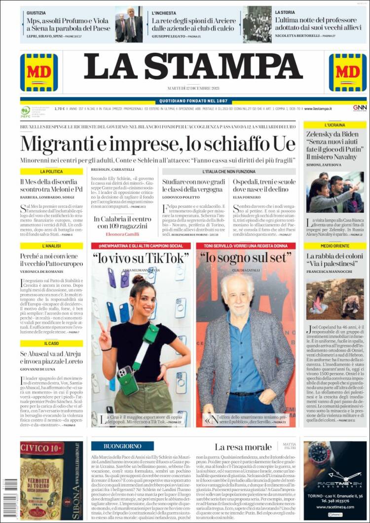 Portada de La Stampa (Italia)
