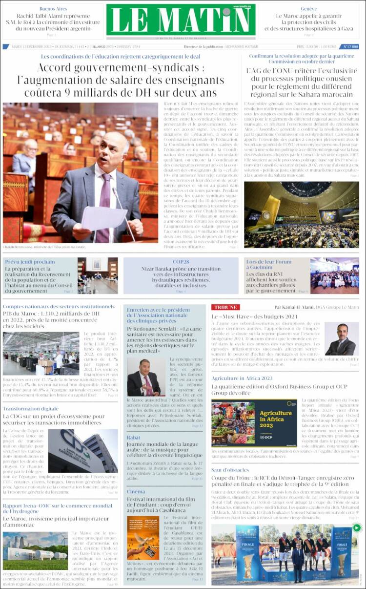 Portada de Le Matin (Marruecos)