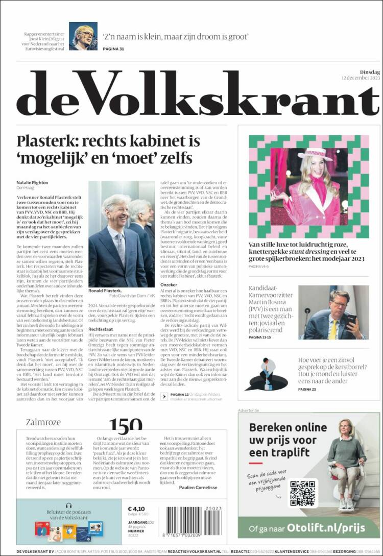Portada de De Volkskrant (Pa&iacute;ses Bajos)