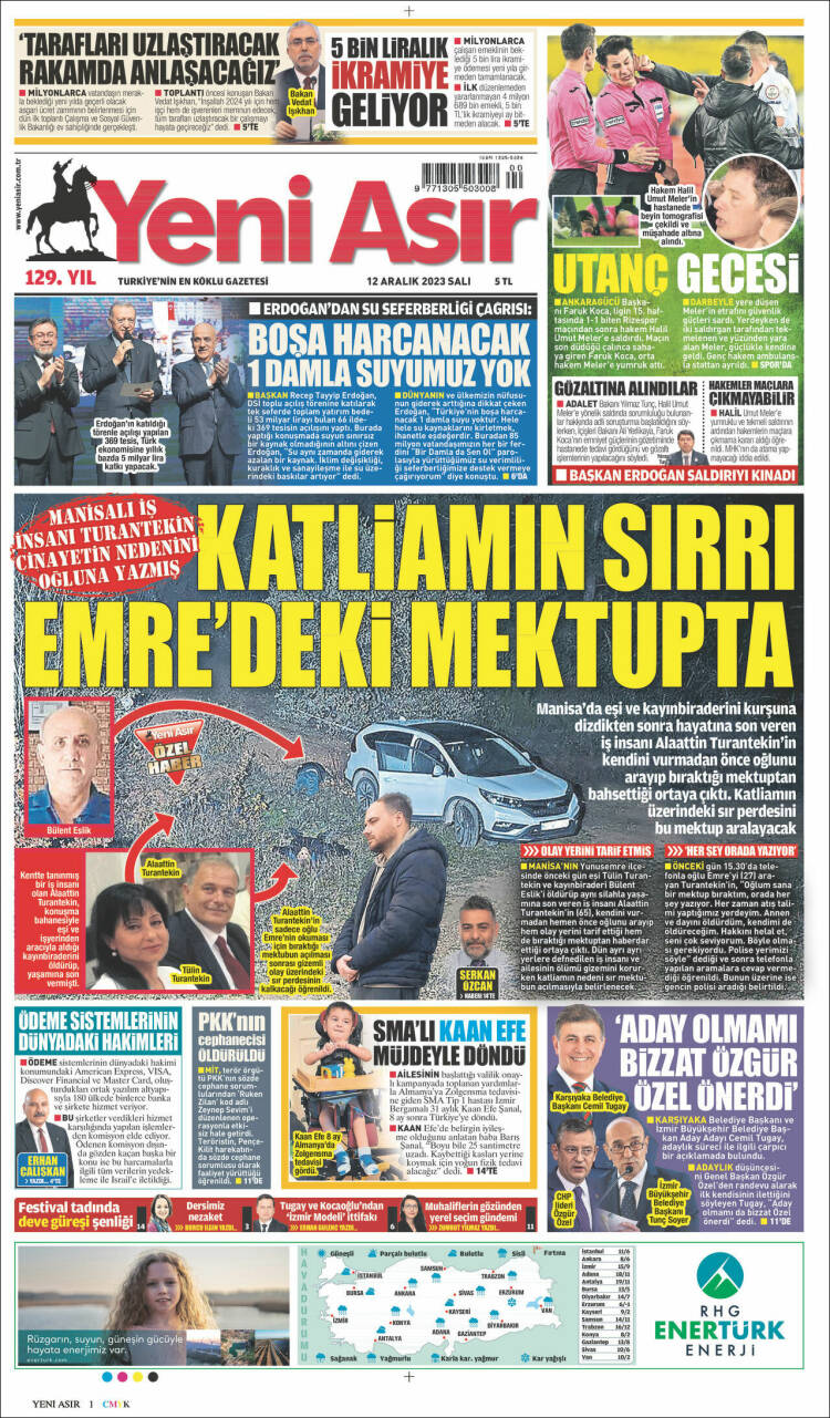 Portada de Yeni Asır (Turqu&iacute;a)