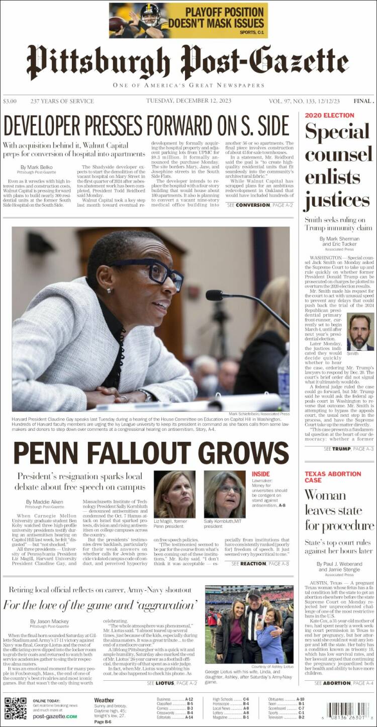 Portada de Pittsburgh Post-Gazette (USA)