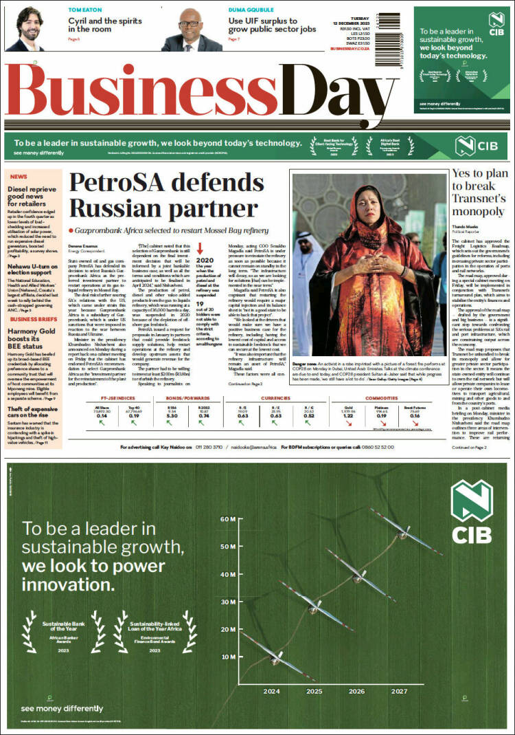 Portada de Business Day (Sud&aacute;frica)
