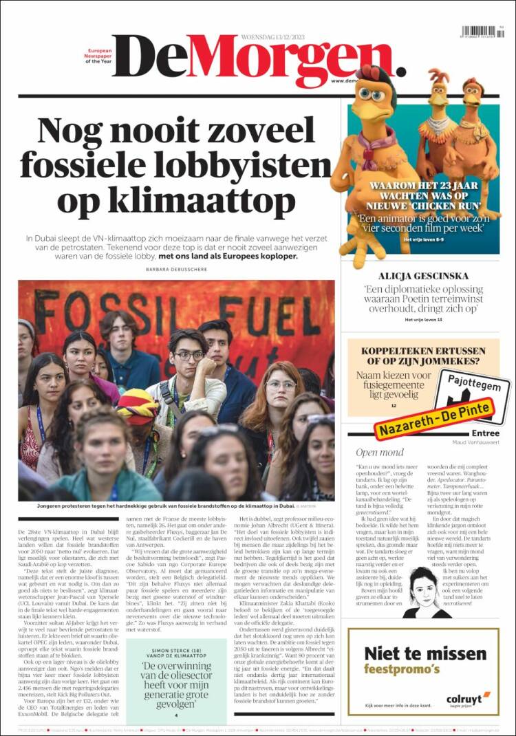 Portada de De Morgen (Bélgica)