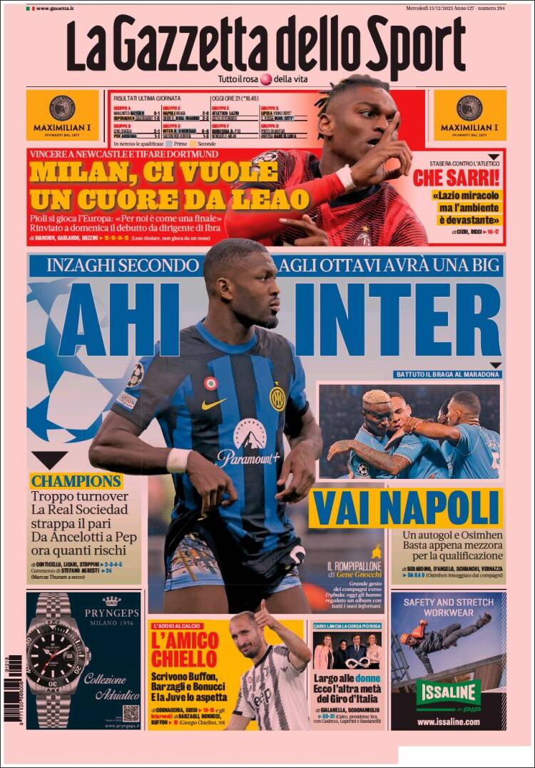 Portada de La Gazzetta dello Sport (Italia)