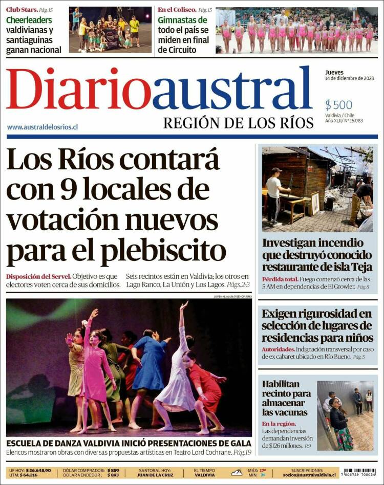 Portada de El Diario Austral de Valdivia (Chile)